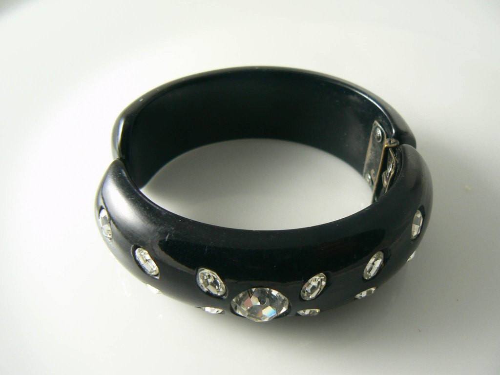 WEISS Unsigned Black Thermoset Sparkling Ice Rhinestone Clamper Bracelet - Vintage Lane Jewelry