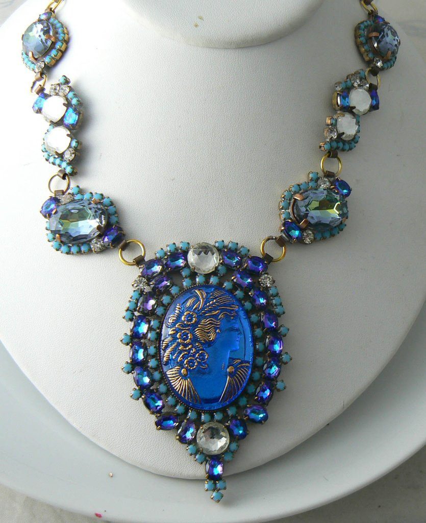 Czech Glass Blue Cameo Necklace - Vintage Lane Jewelry