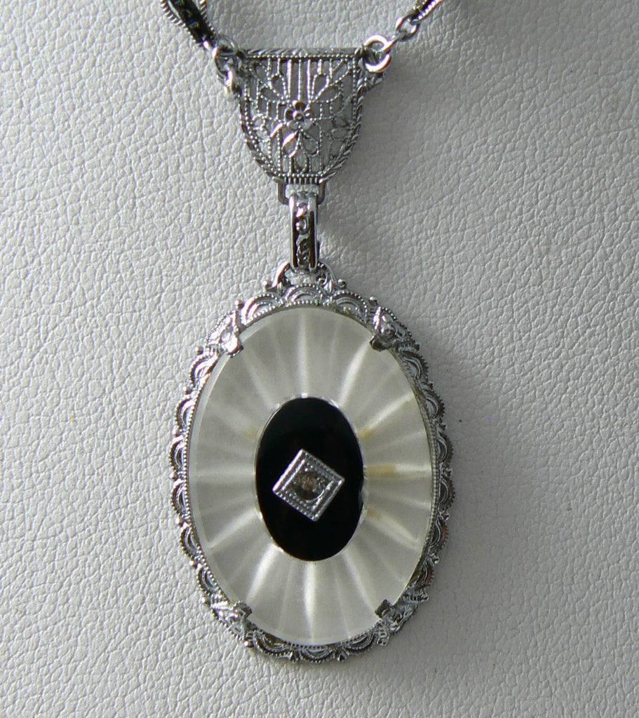 Vintage 1920's Art Deco Camphor And Onyx Glass Necklace - Vintage Lane Jewelry