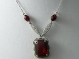 Vintage Art Nouveau Deco Red Stone Embossed Setting Filigree Necklace - Vintage Lane Jewelry
