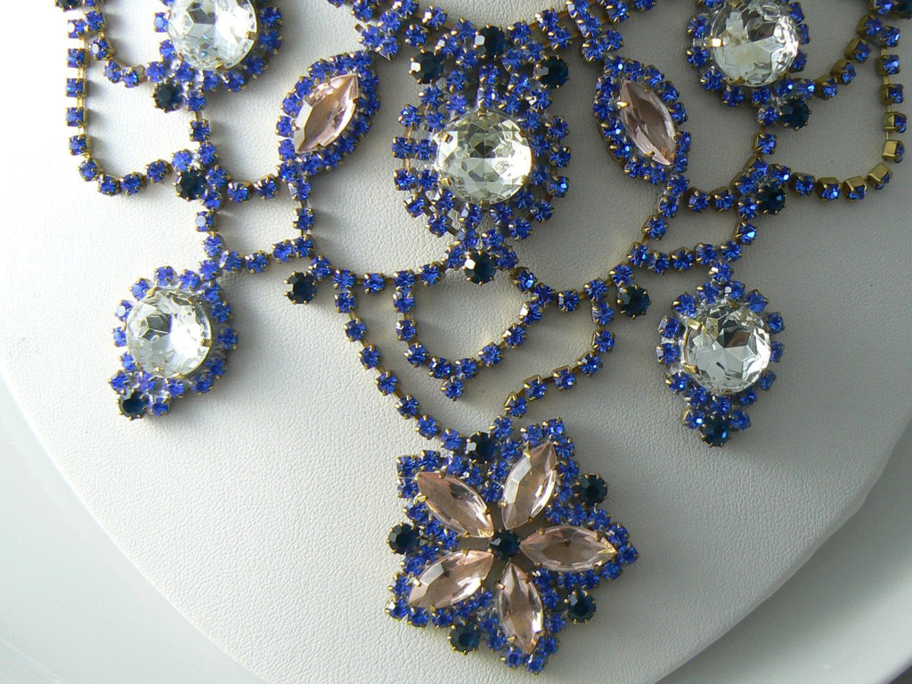 Blue, Pink And Clear Czech Glass Flower Necklace - Vintage Lane Jewelry