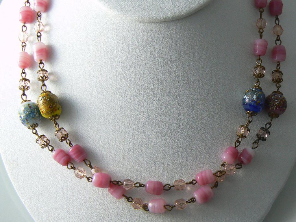Vintage Necklace Pink Glass Crystal Flapper Bead Art Deco. - Vintage Lane Jewelry