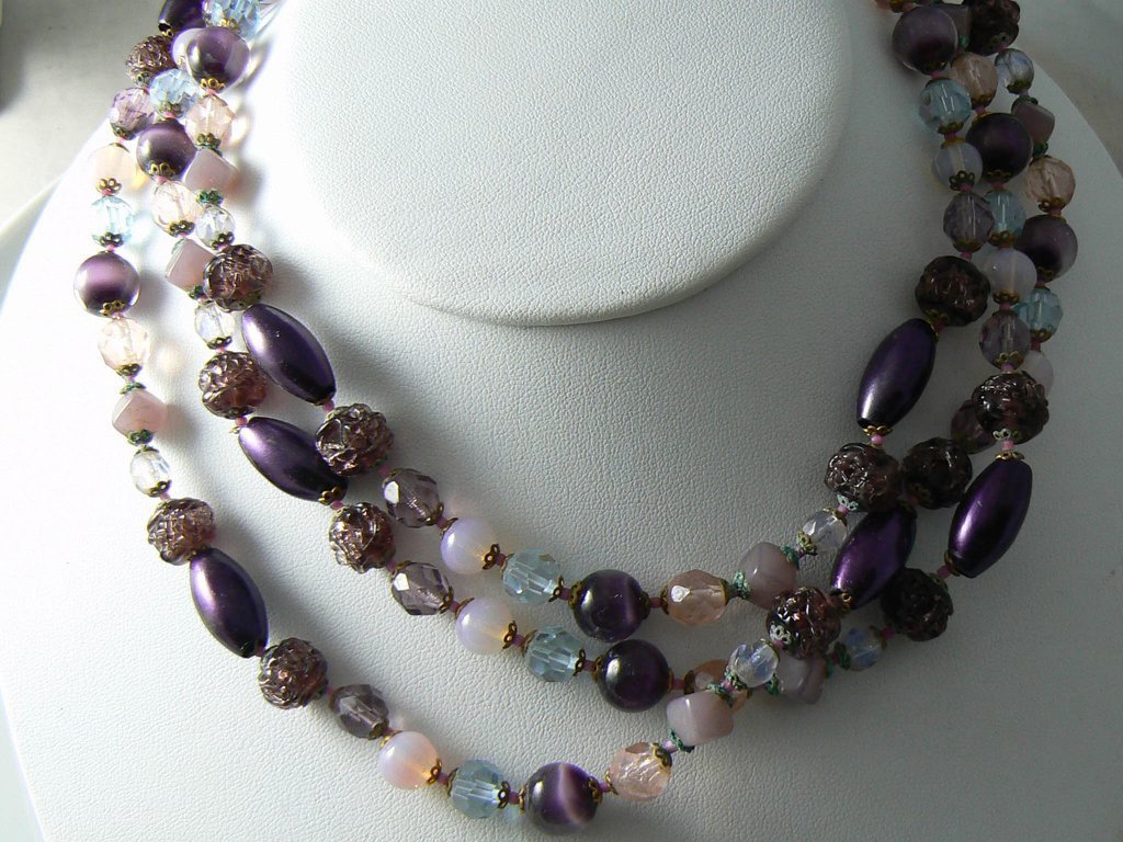 Vintage Art Deco 3 Tier Multi Color Art Glass Necklace. - Vintage Lane Jewelry