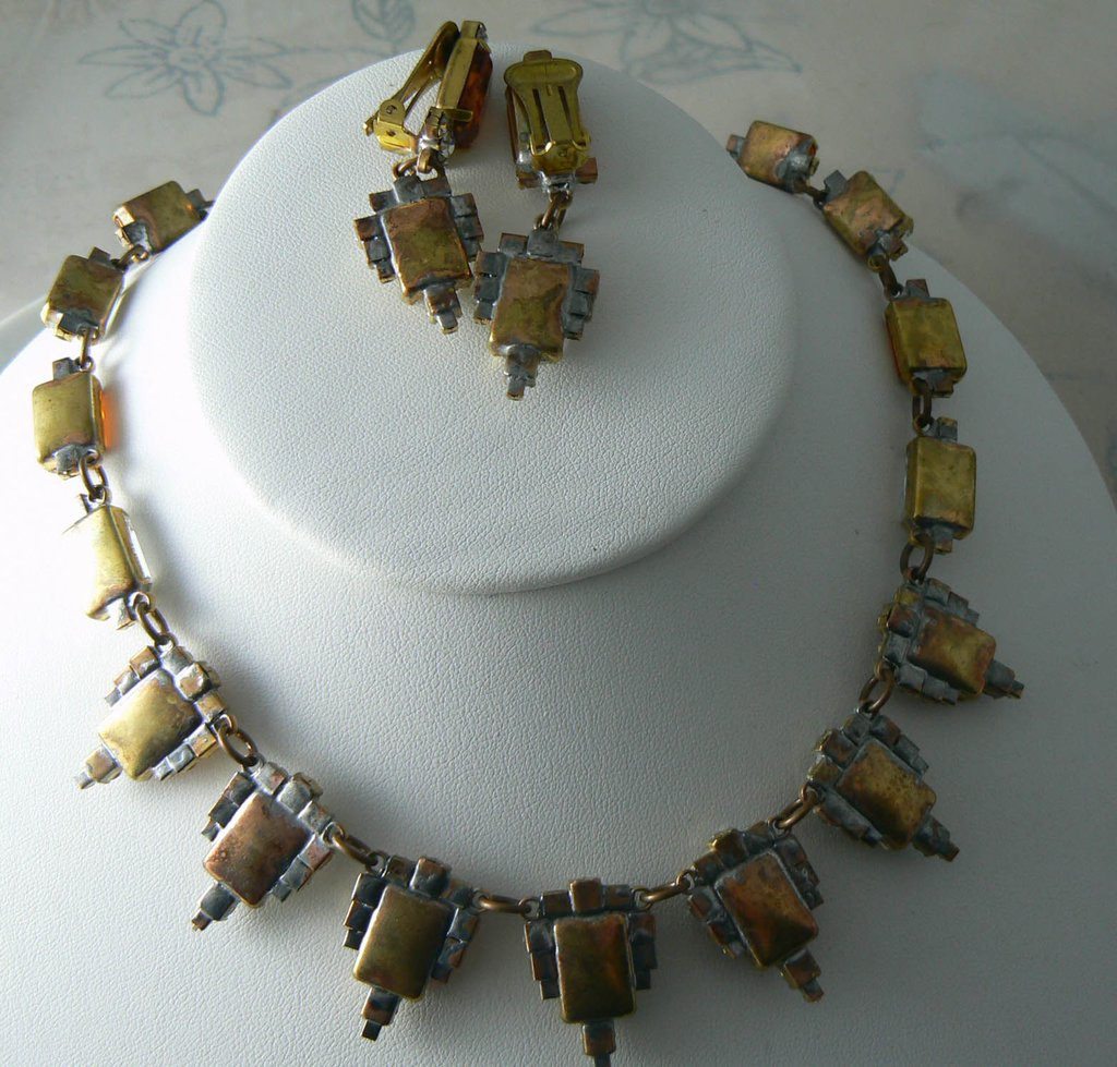 Czech Glass Topaz Rhinestones Necklace And Clip Earrings - Vintage Lane Jewelry