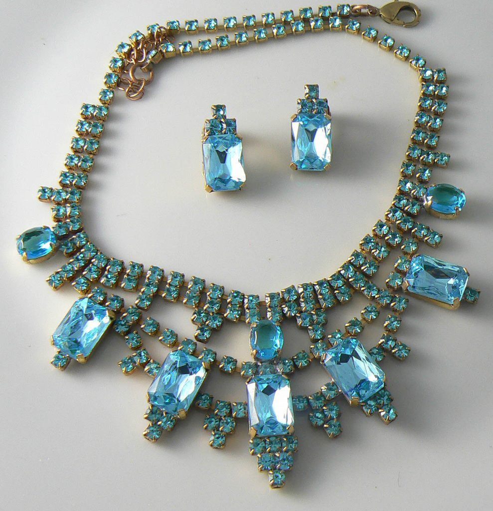 Czech Aqua Glass  Prong Set Rhinestones Set - Vintage Lane Jewelry