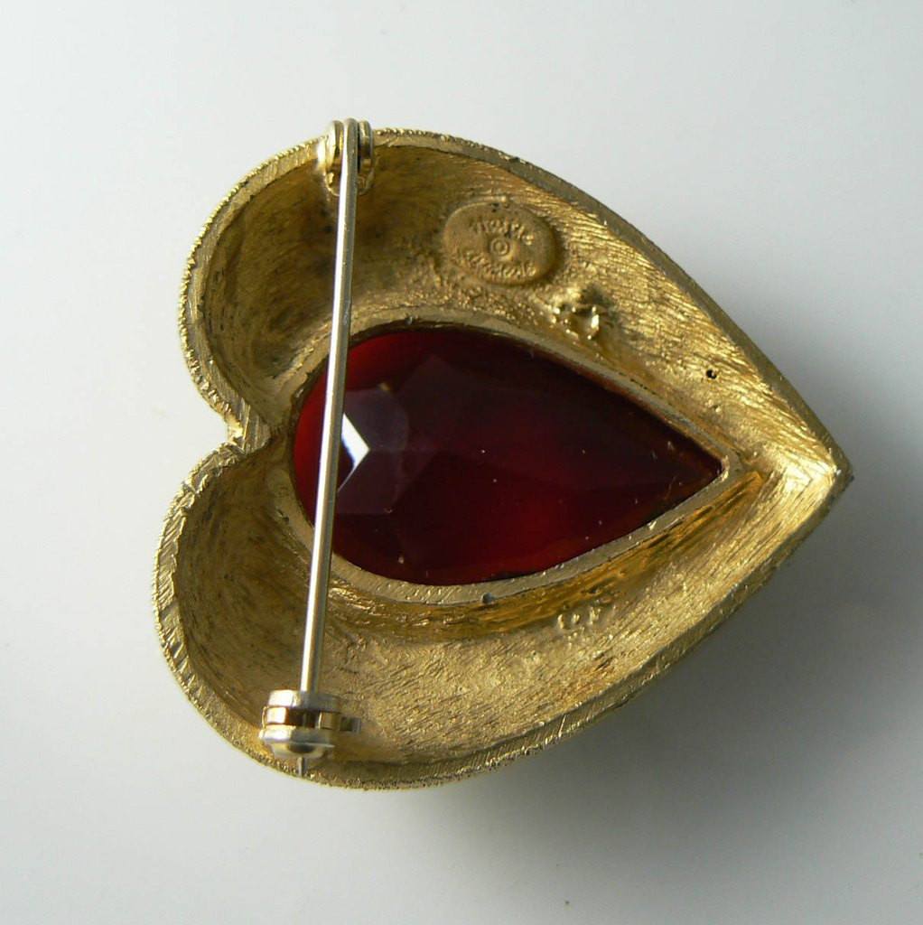 Hattie Carnegie Red Rhinestone Heart Shaped Brooch - Vintage Lane Jewelry