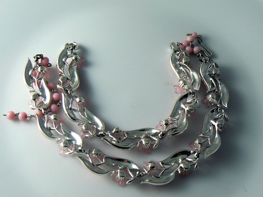 Vintage Lisner Pink Silver tone and Enamel Parure - Vintage Lane Jewelry