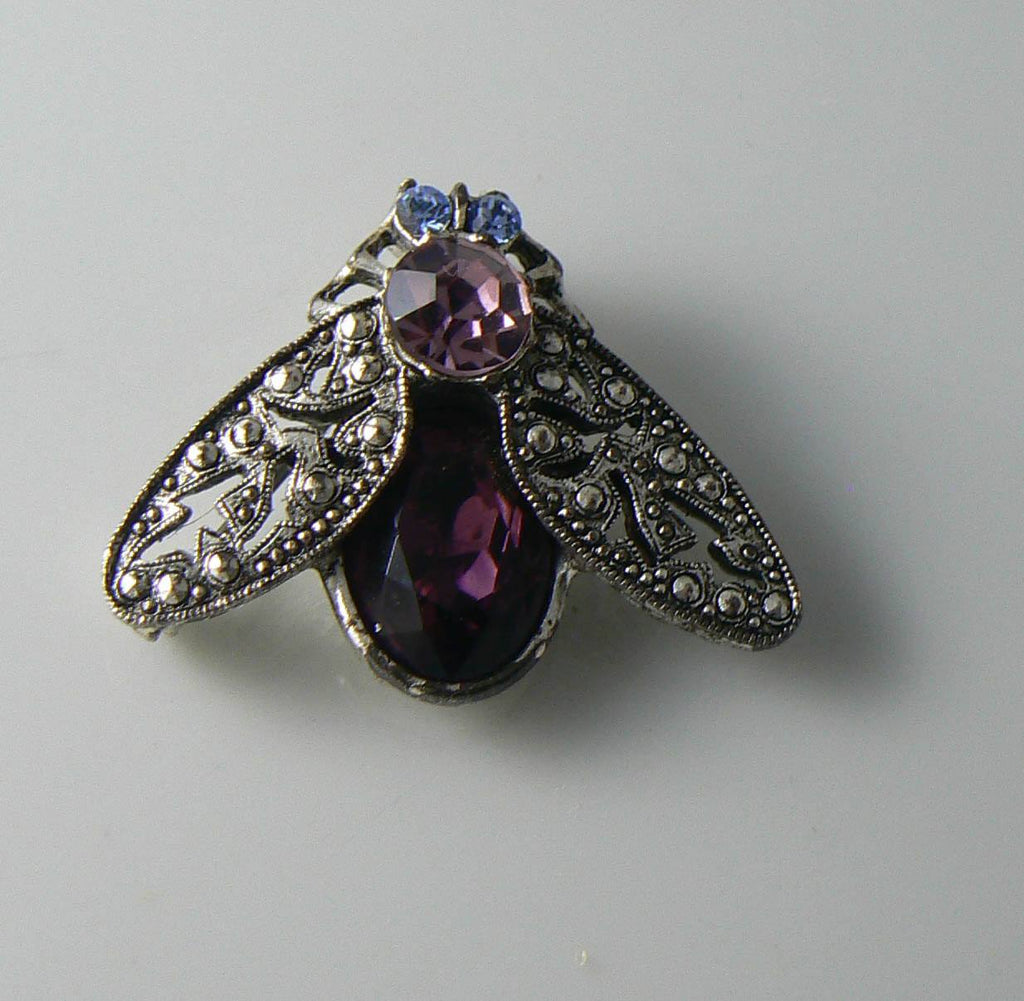 Vintage Brand 1928 Purple Rhinestone Fly Bug Figural Brooch Pin Silver Tone - Vintage Lane Jewelry