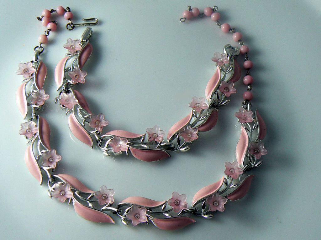 Vintage Lisner Pink Silver tone and Enamel Parure - Vintage Lane Jewelry