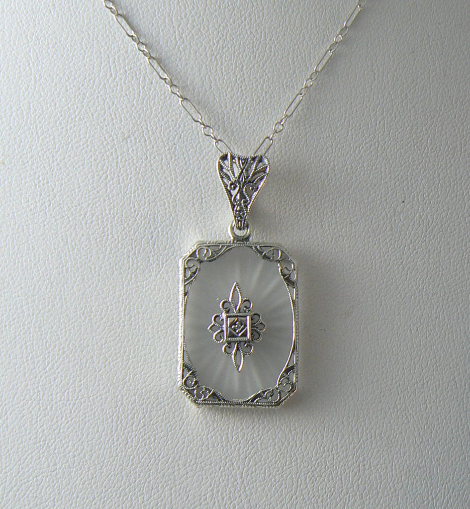 Vintage Filigree Camphor Glass With Diamond Necklace - Vintage Lane Jewelry