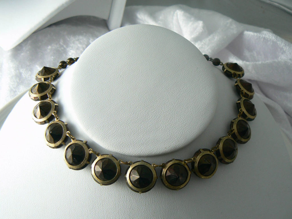 Vintage Bronze Bezel Set Paste Necklace - Vintage Lane Jewelry