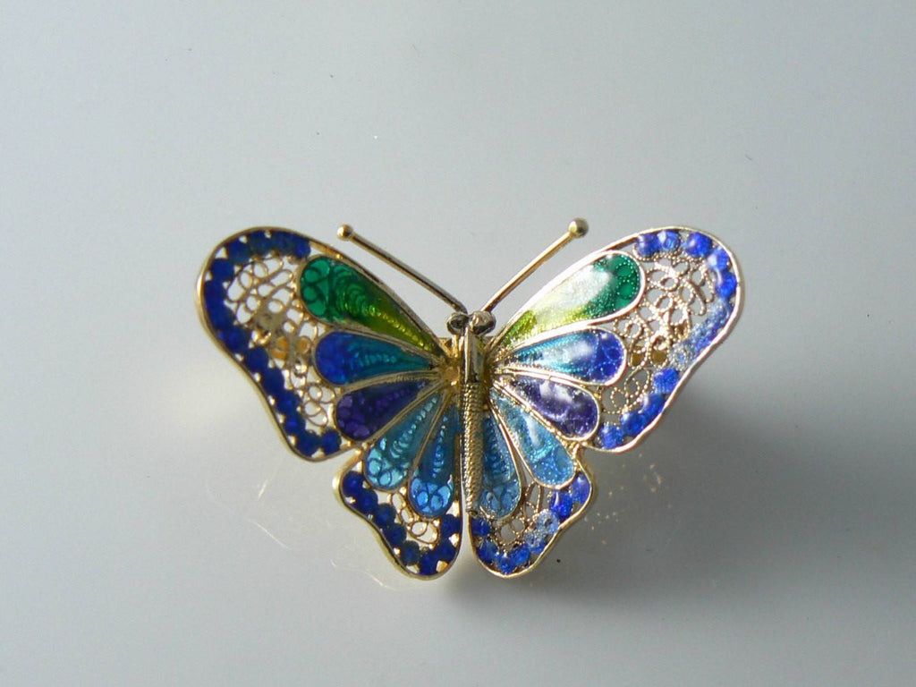 Vintage Italian Silver Filigree Enamel Butterfly Brooch - Vintage Lane Jewelry