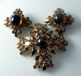 Gorgeous Topaz Glass Cabochon & Rhinestone Pin/pendant Earring Set - Vintage Lane Jewelry