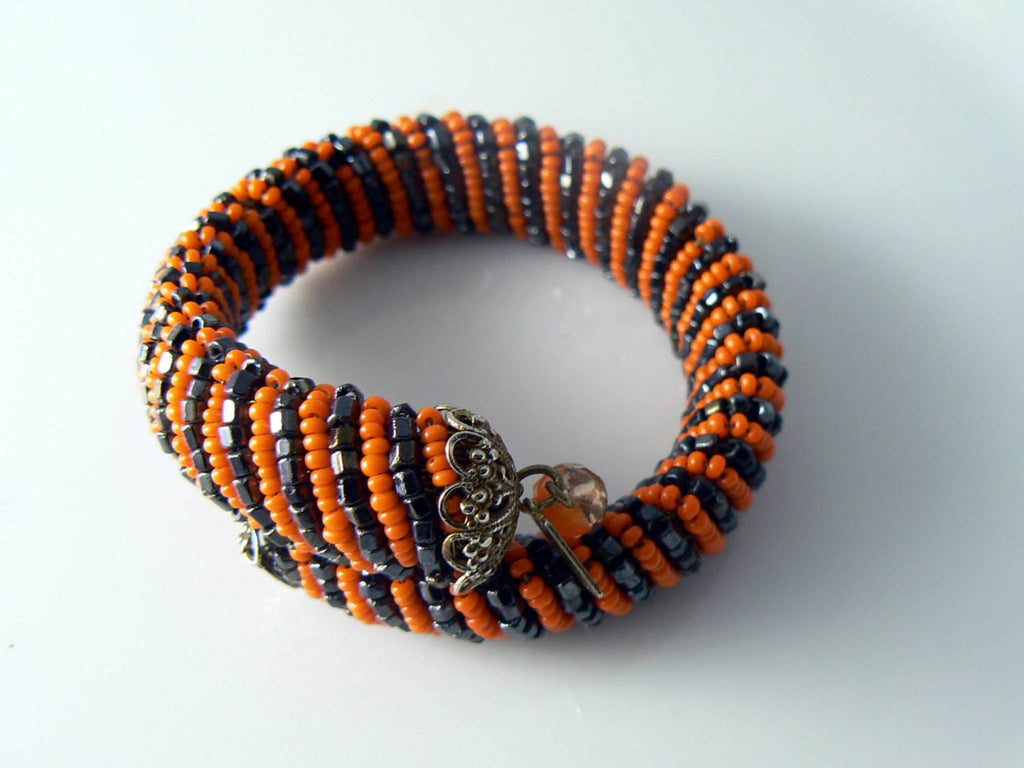 Hattie Carnegie Beaded Black And Orange Bracelet - Vintage Lane Jewelry