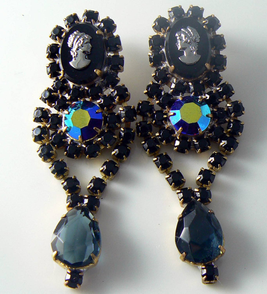 Czech Glass Black Cameo Pierced Earrings - Vintage Lane Jewelry