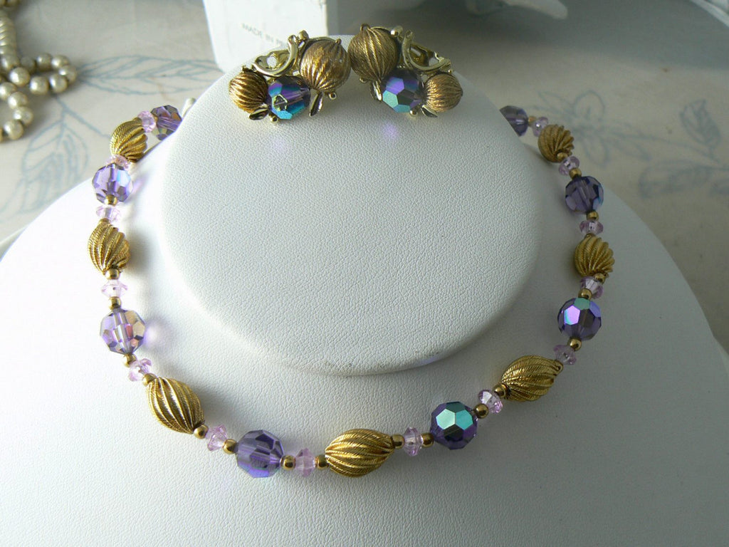 Vintage Ornate Purple Crystal And Gold Tone Necklace Earrings Set - Vintage Lane Jewelry