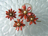 Judy Lee Enamel And Faux Pearl Red Flower Demi Parure - Vintage Lane Jewelry