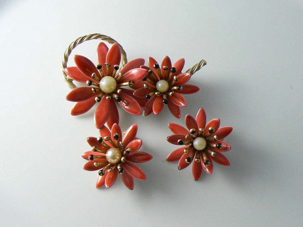 Judy Lee Enamel And Faux Pearl Red Flower Demi Parure - Vintage Lane Jewelry