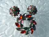 Vintage Pink, Green Satin Givre And Orange Glass Brooch/earring Set - Vintage Lane Jewelry
