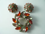 Vintage Pink, Green Satin Givre And Orange Glass Brooch/earring Set - Vintage Lane Jewelry
