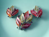 Lisner Pretty In Pink Molded Leaves & Rhinestones Pin Earring Set - Vintage Lane Jewelry