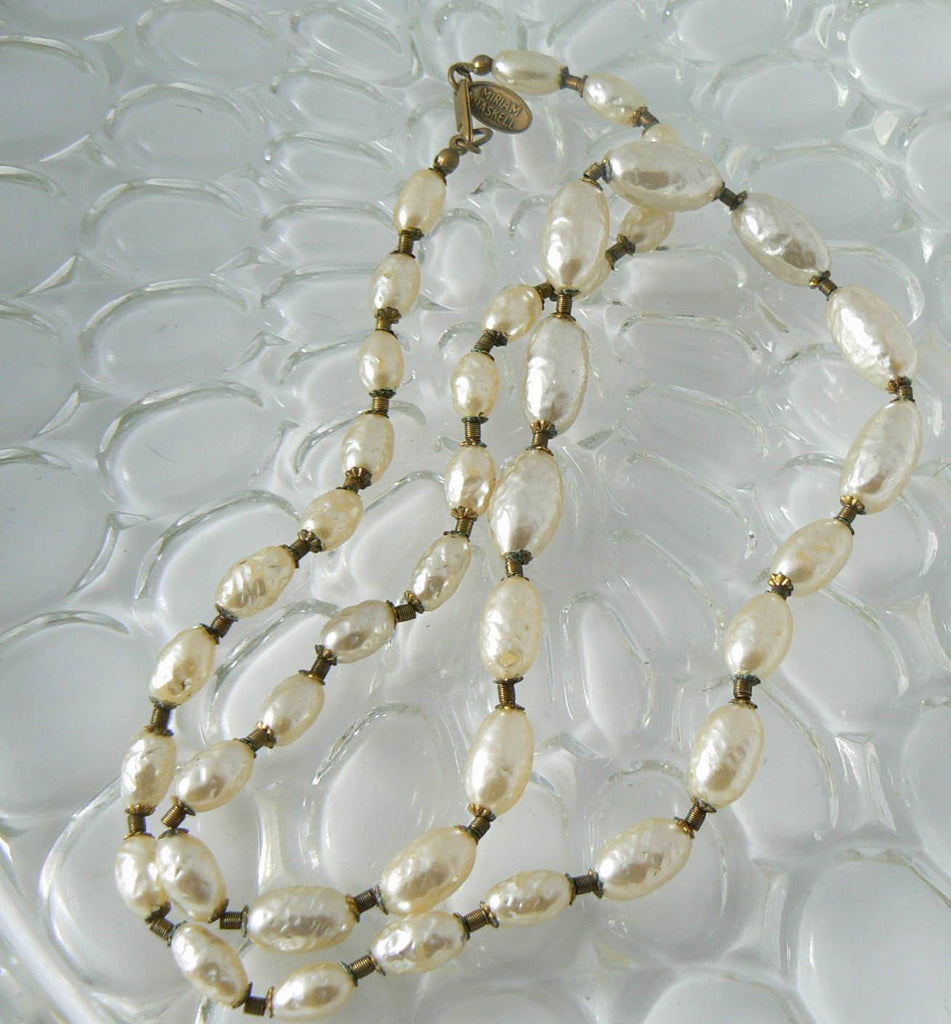 Miriam Haskell Long Oval Baroque Glass Pearl Necklace - Vintage Lane Jewelry