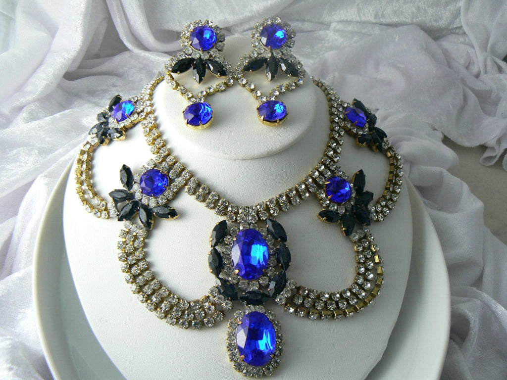 Stunning Czech Glass Sapphire Blue, Crystal And Black Set - Vintage Lane Jewelry