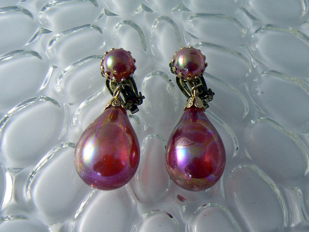 Vintage Dangling Iridescent Pink Plastic Bead Earrings - Vintage Lane Jewelry