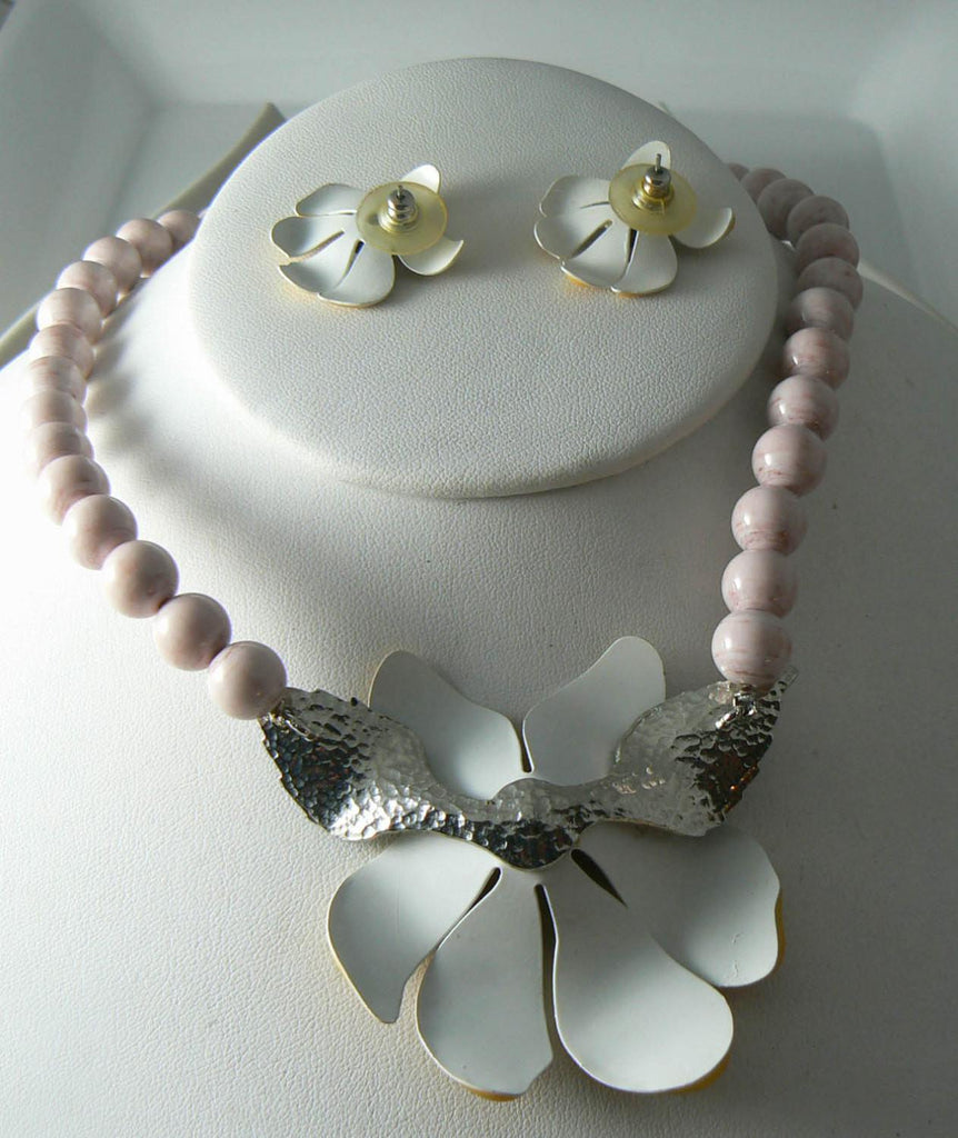 Vintage Enamel Flower Pendant Bead Necklace And Earrings - Vintage Lane Jewelry