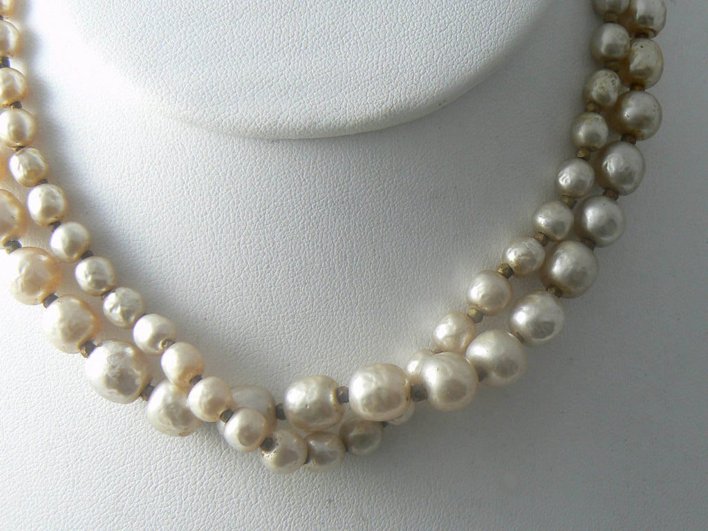 Miriam Haskell 2 Strand Baroque Pearl Choker Necklace Butterfly Clasp - Vintage Lane Jewelry