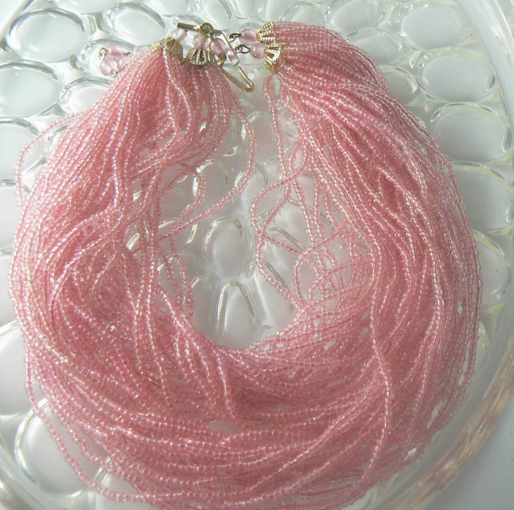 Vintage Multi-strand Translucent Pink Glass Seed Bead Choker - Vintage Lane Jewelry