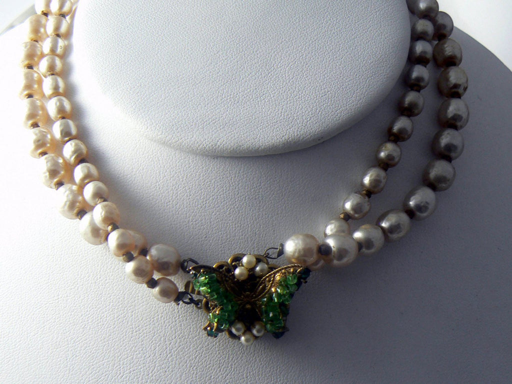 Miriam Haskell 2 Strand Baroque Pearl Choker Necklace Butterfly Clasp - Vintage Lane Jewelry