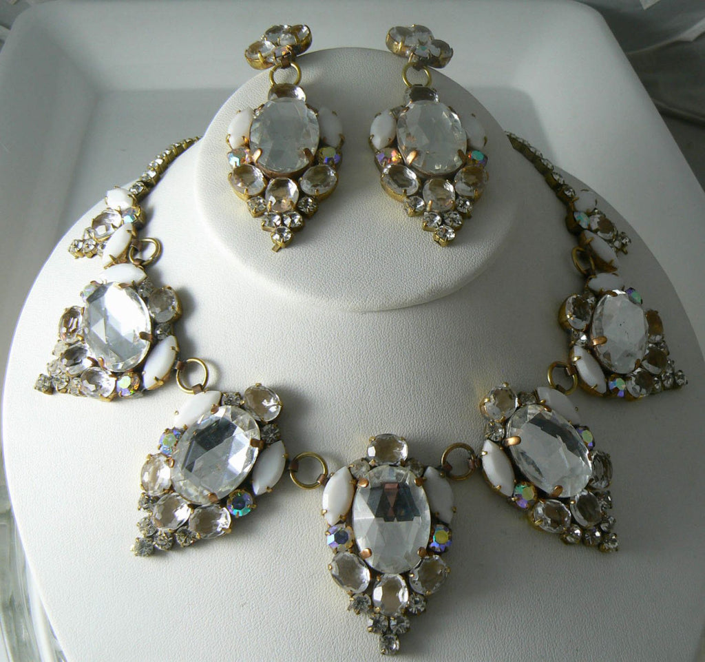 Husar D. Czech Glass White And Clear Rhinestone Necklace Earring Set - Vintage Lane Jewelry