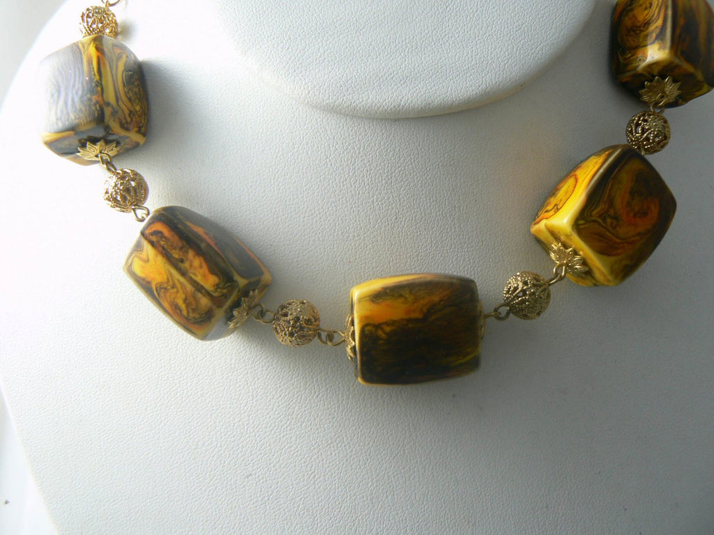 Chunky Celebrity Vintage Necklace Gold Tone Lucite Swirl Beads Square - Vintage Lane Jewelry