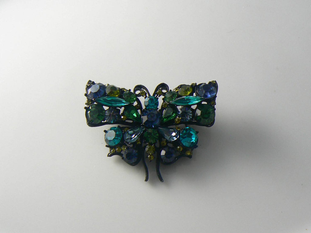 Japanned Blue And Green Rhinestone Butterfly Brooch - Vintage Lane Jewelry