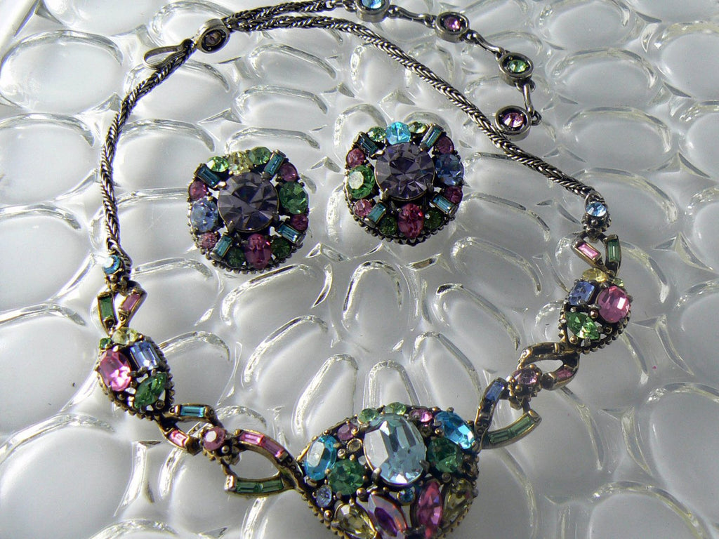 Signed 1955 Hollycraft Pastel Rhinestone Necklace and Earrings Set - Vintage Lane Jewelry
