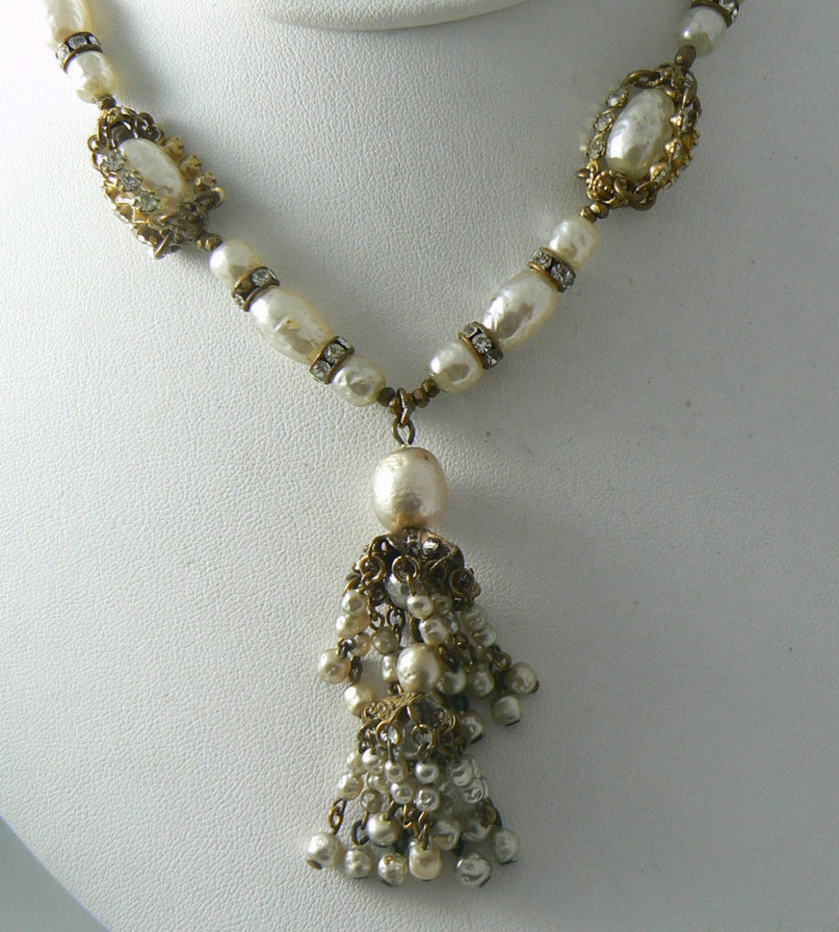 Miriam Haskell Baroque Pearl, Rhinestone & Seed Pearl Tassel Necklace - Vintage Lane Jewelry