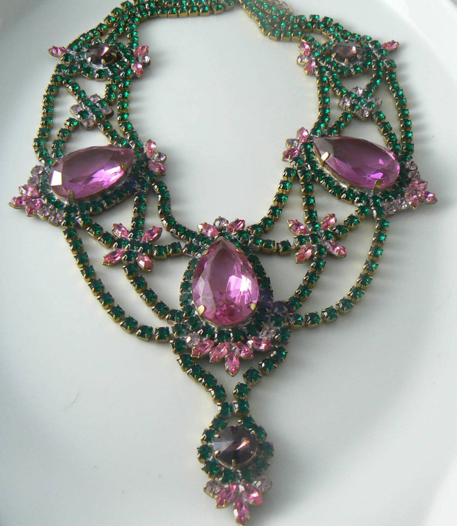 Czech Glass Pink And Green Rhinestone Necklace Signed Husar D. - Vintage Lane Jewelry