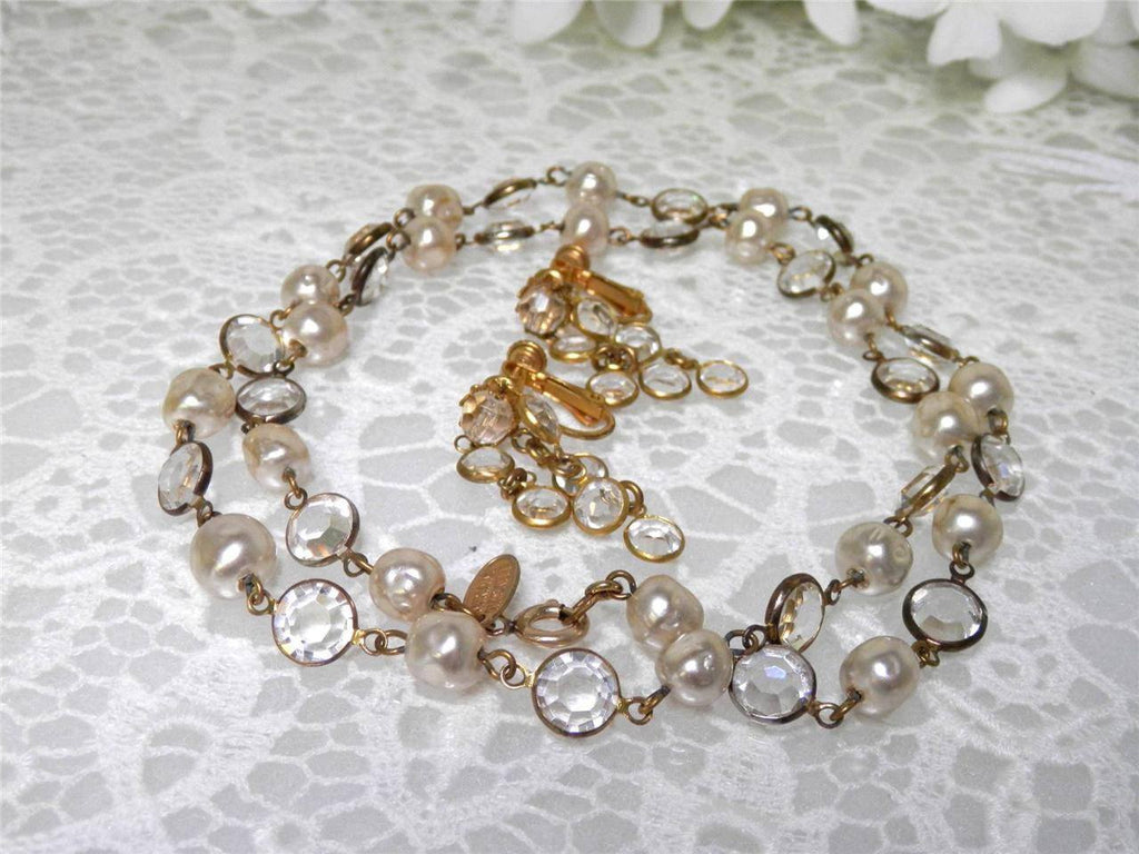 Miriam Haskell Baroque Pearl Open Backed Crystal Necklace and Earring Set - Vintage Lane Jewelry