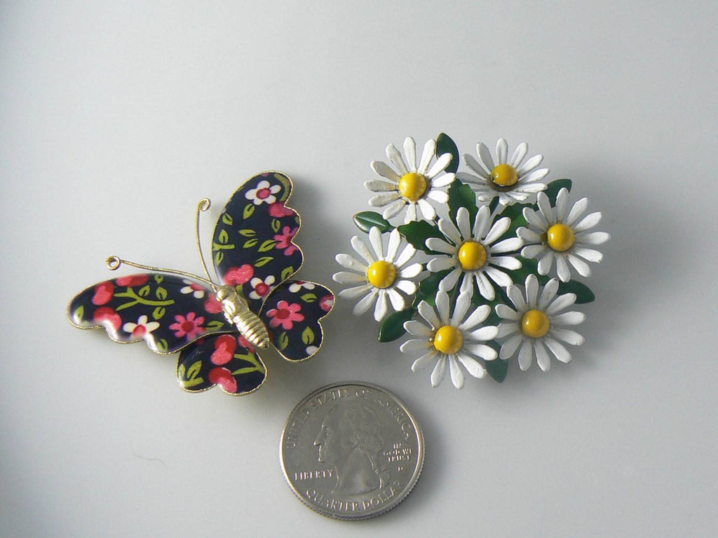 Vintage Enamel Daisy Pin And Butterfly - Vintage Lane Jewelry