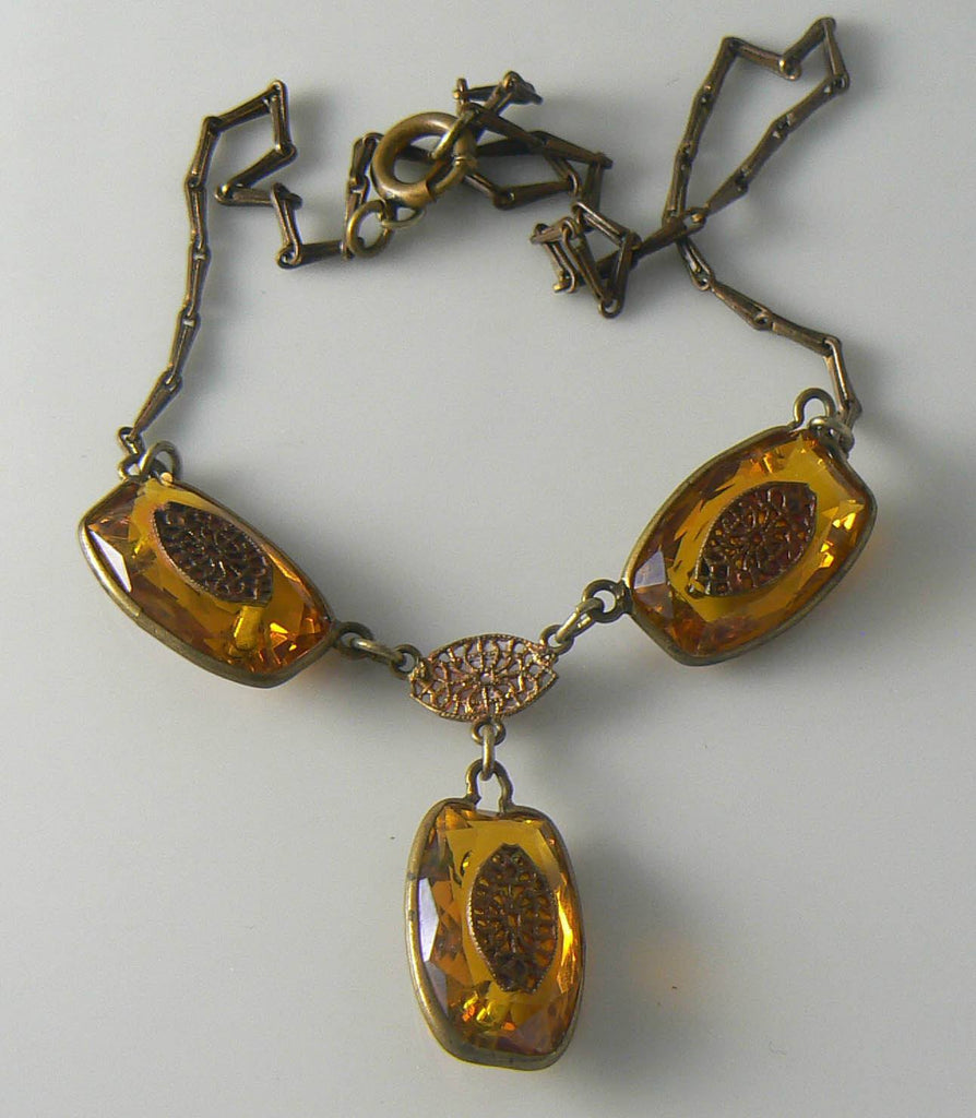 Vintage Art Deco Amber Topaz Bezel Rhinestone Necklace - Vintage Lane Jewelry