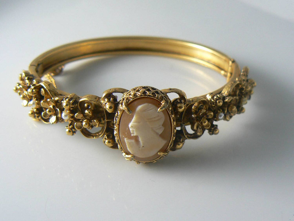 Vintage Florenza Shell Cameo Pearl Hinged Bracelet - Vintage Lane Jewelry