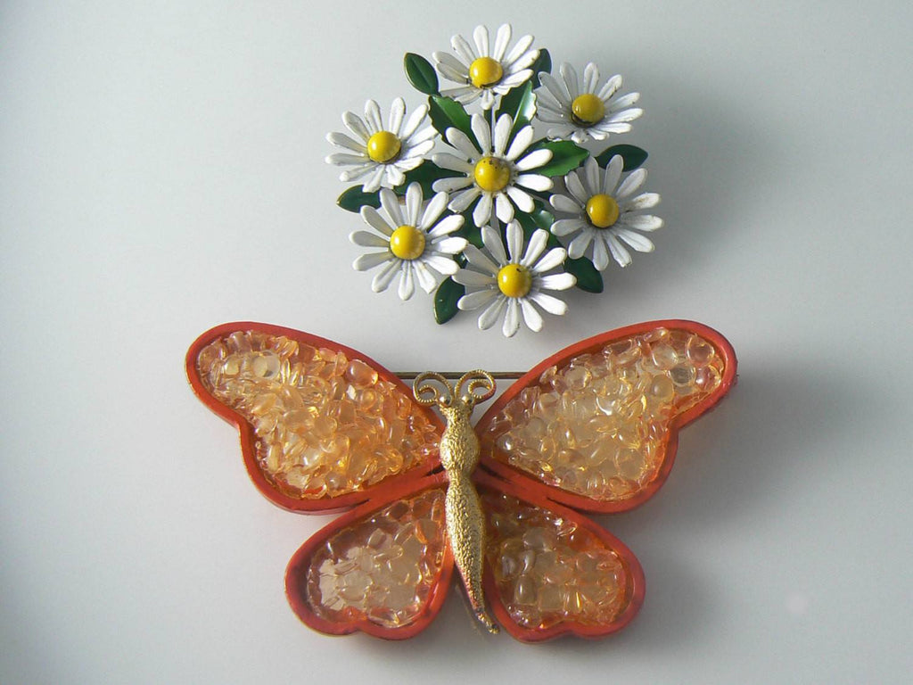 Vintage Orange Enamel And Acrylic Butterfly And Daisy Pin - Vintage Lane Jewelry