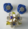 Blue Enamel Rhinestone Earrings And Floral Scarf Clip - Vintage Lane Jewelry