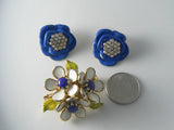 Blue Enamel Rhinestone Earrings And Floral Scarf Clip - Vintage Lane Jewelry