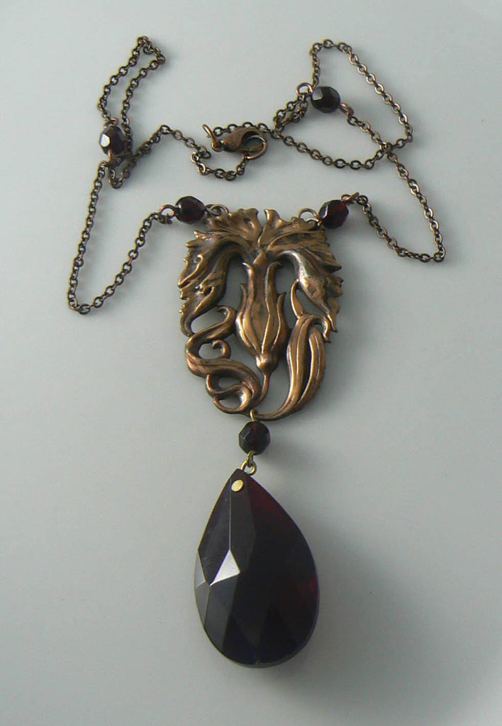 Vintage Art Nouveau Style Brass/copper Repousse Garnet Glass Necklace - Vintage Lane Jewelry