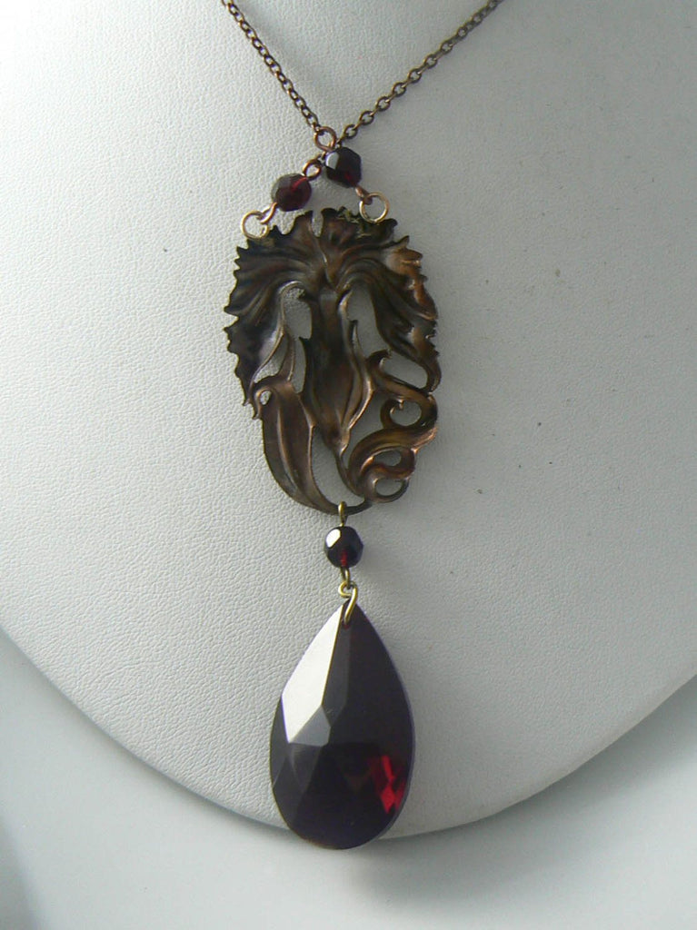 Vintage Art Nouveau Style Brass/copper Repousse Garnet Glass Necklace - Vintage Lane Jewelry