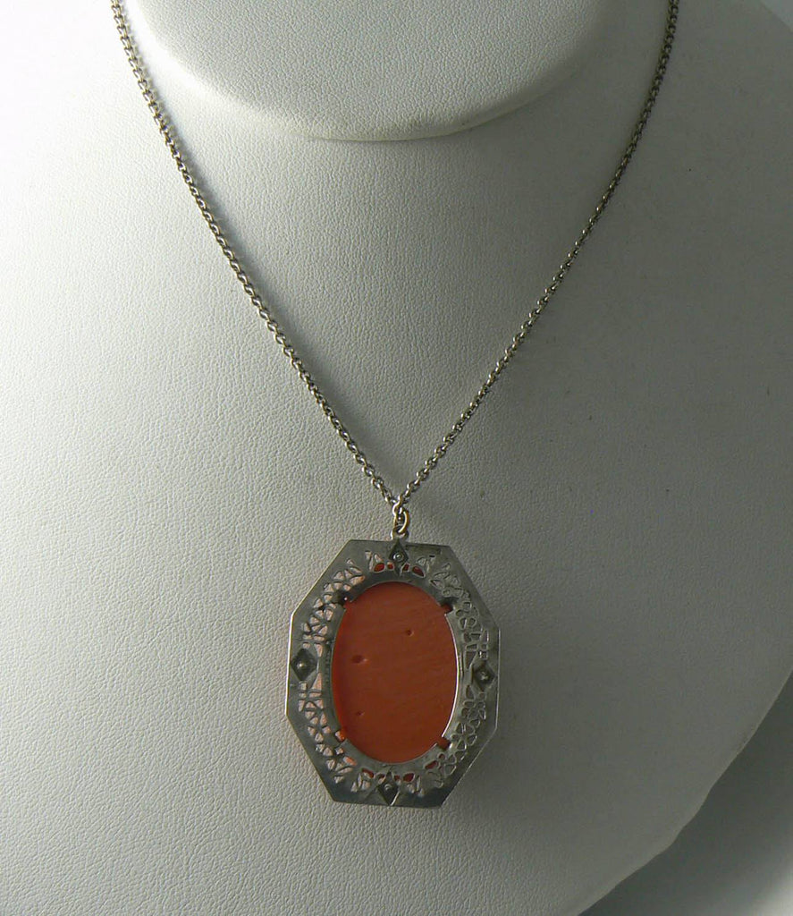 Vintage Art Deco Filigree Sterling Poured Coral Glass Necklace - Vintage Lane Jewelry