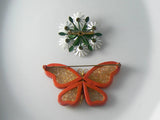 Vintage Orange Enamel And Acrylic Butterfly And Daisy Pin - Vintage Lane Jewelry