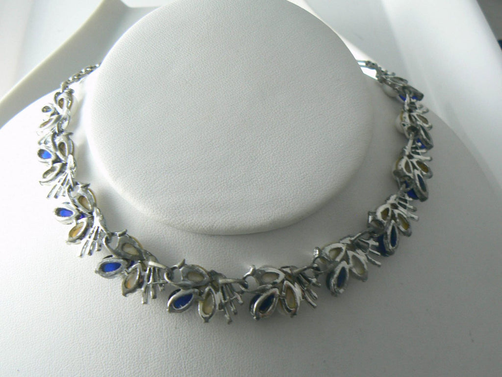 Vintage Signed Star Faux Pearl And Blue Rhinestone Necklace - Vintage Lane Jewelry